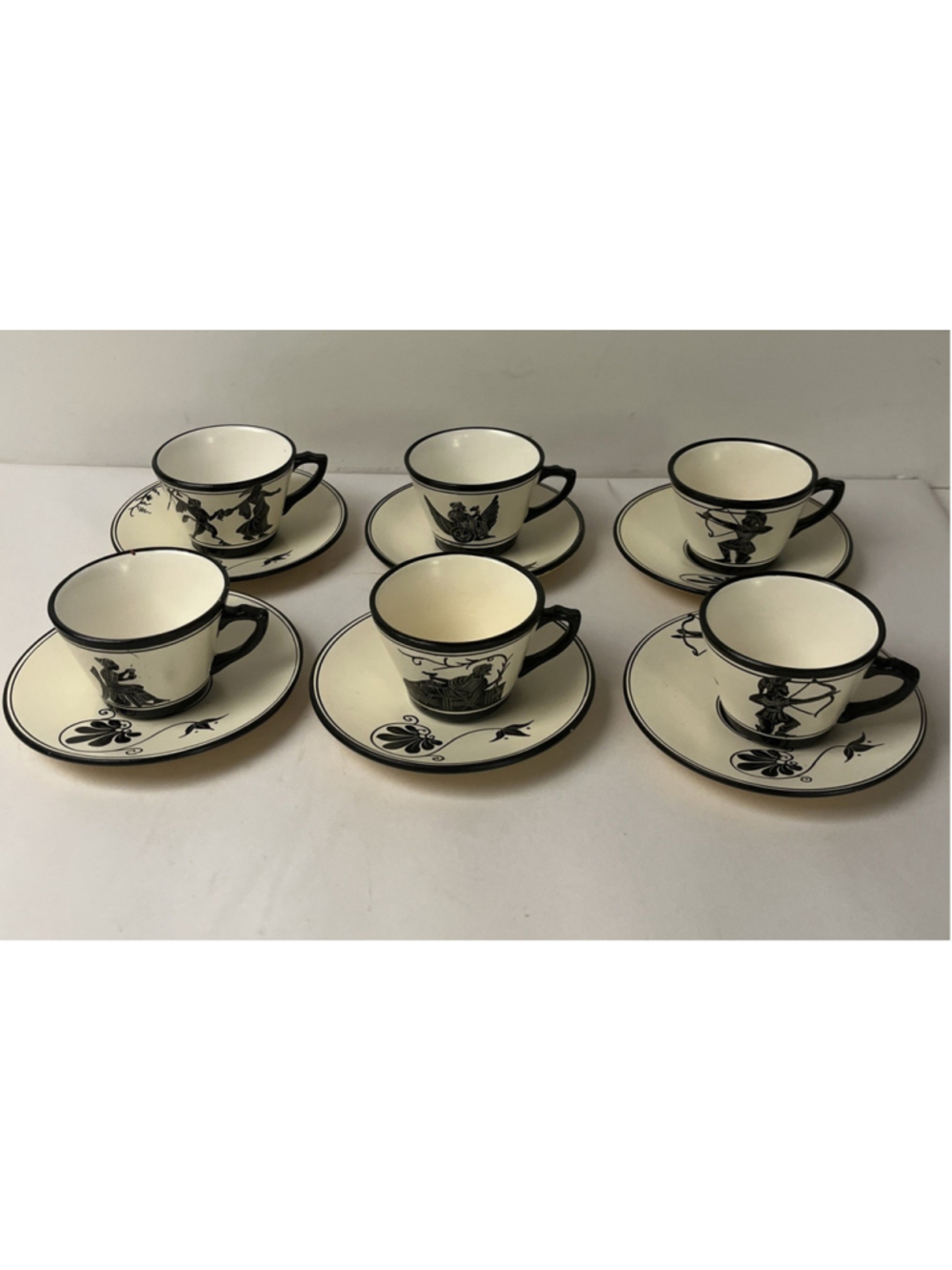 Vintage Greek Espresso Set 6 Cups 6 Saucers Hand Painted Greece Archer Warrior